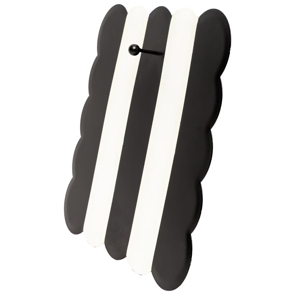 Black and white striped magnetic display board with a scalloped edge and one black round magnet.