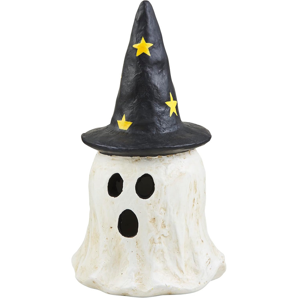 Ceramic ghost figurine wearing a black witch hat with yellow stars.