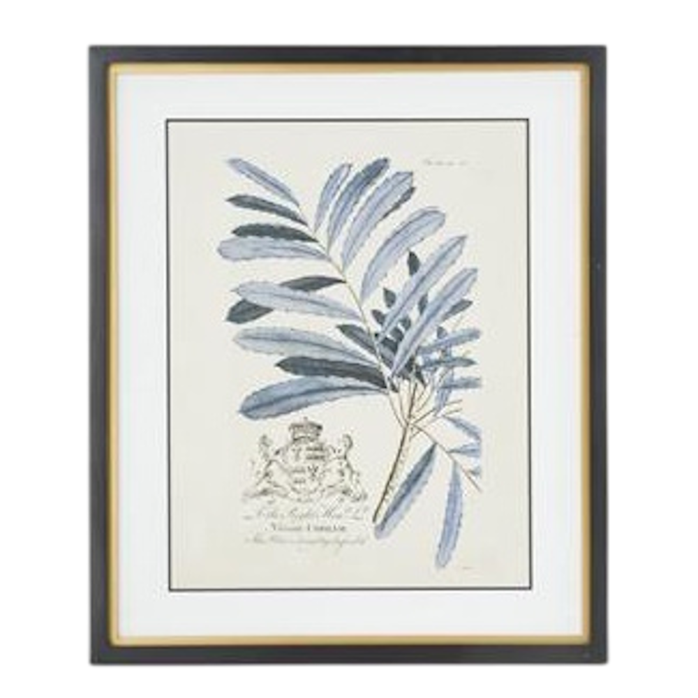 Framed botanical blue arbor print with gold and black accents. Vintage leaf wall art for home decor.