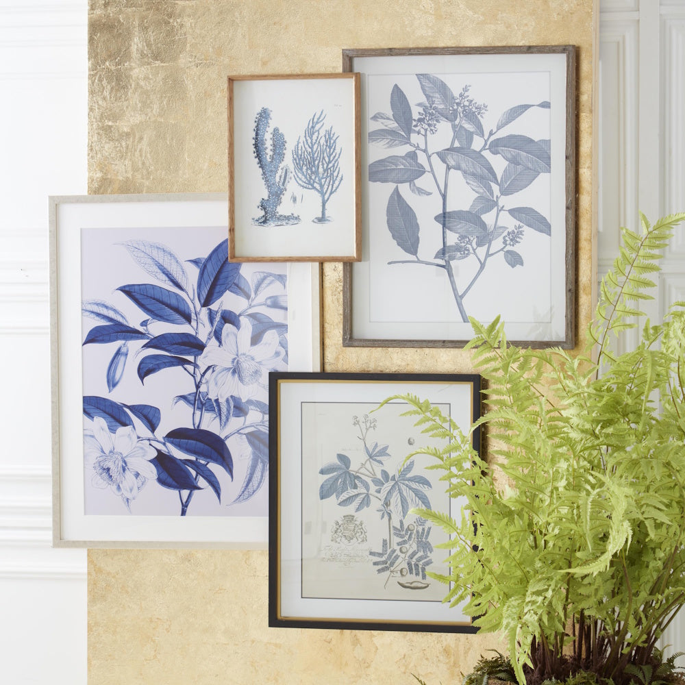 Blue botanical wall art gallery featuring framed arbor prints and coral on a gold textured wall with a green fern.