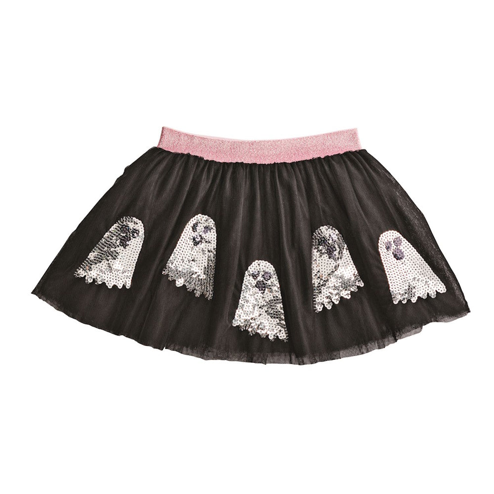 Black tulle tutu with a pink glitter waistband and shimmering sequined ghosts.