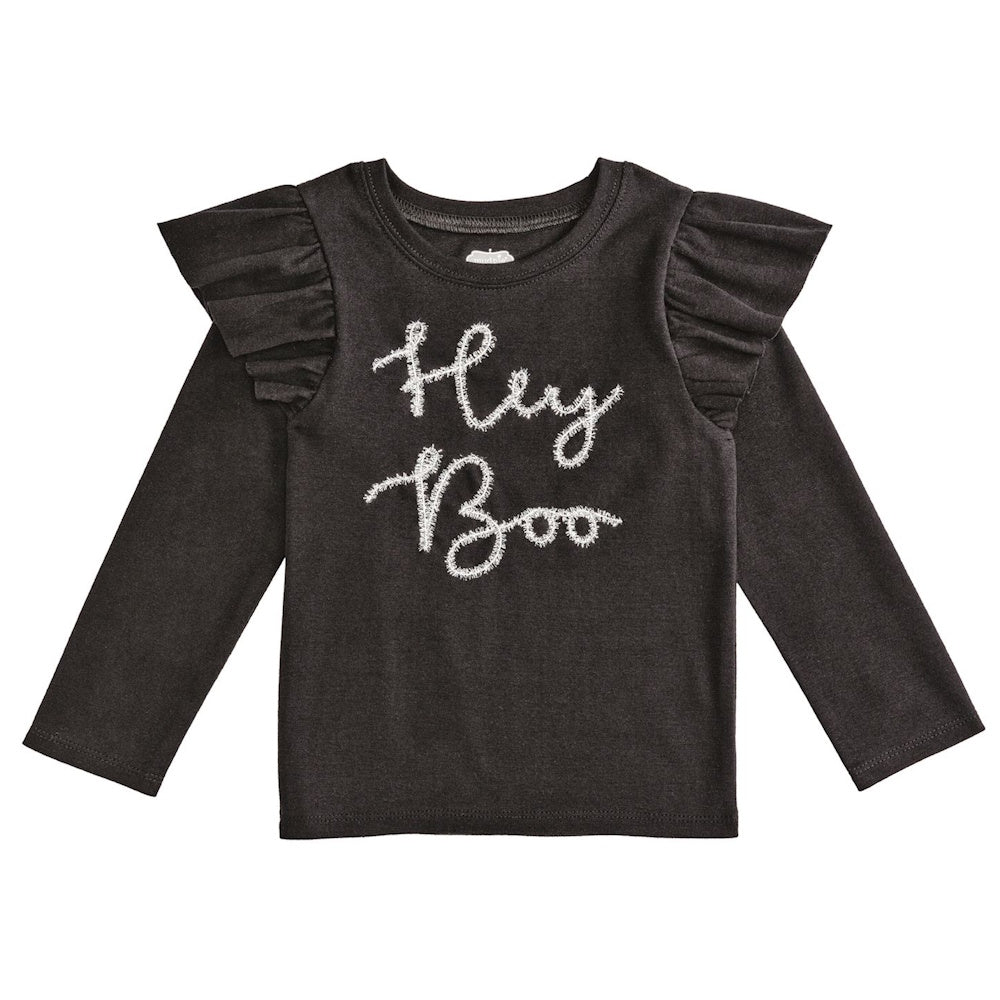 Black long-sleeve toddler shirt with shoulder ruffles and white text that reads "Hey Boo."