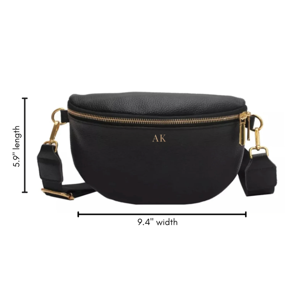 Black leather monogrammed fanny pack crossbody bag with gold zippers. Dimensions: 9.4 inches wide, 5.9 long.