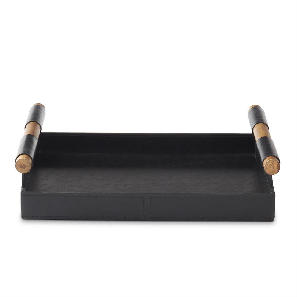 Modern black leather decorative tray with light wood cylindrical handles and leather wrap accents on a white background.