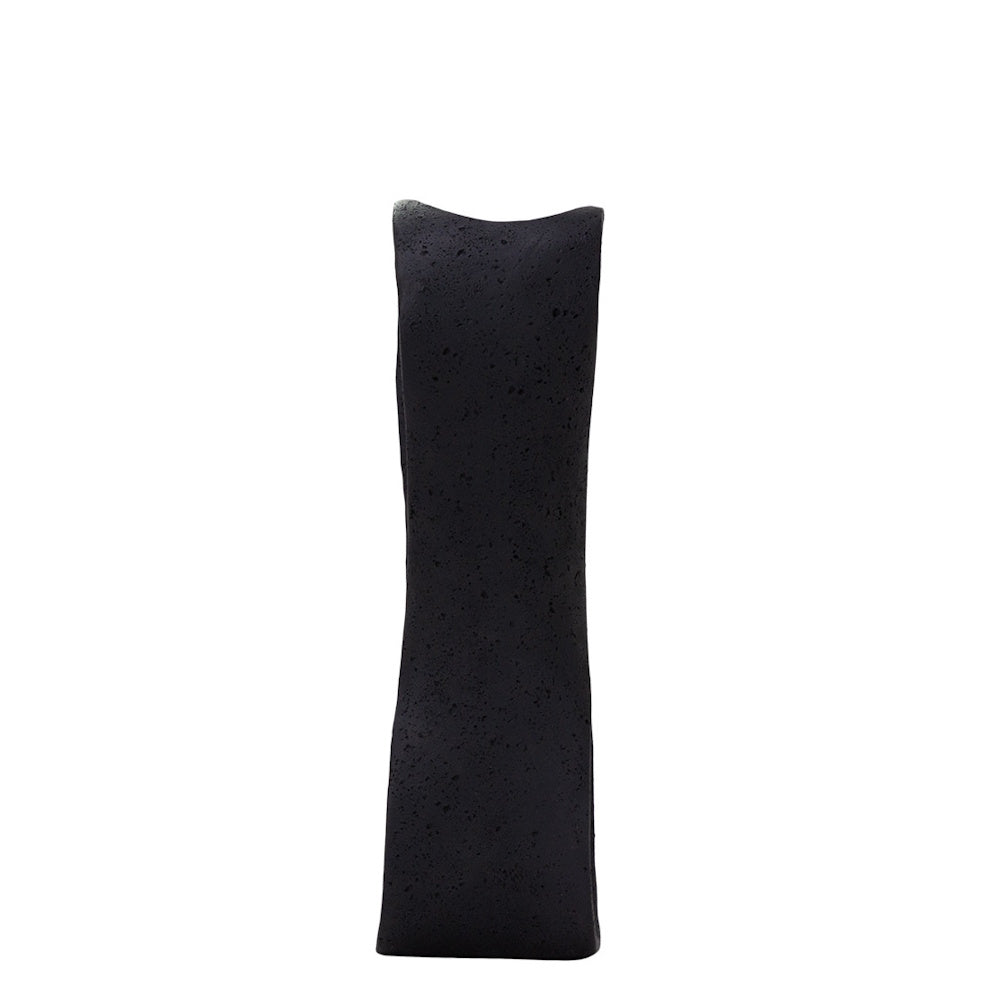 Tall, rectangular black lava stone hurricane candle holder with a textured, porous surface on a white background.