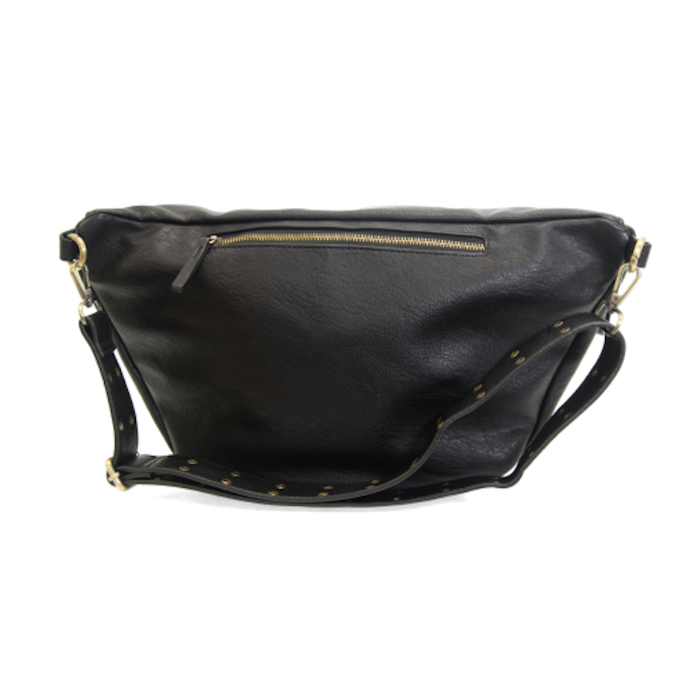 Black leather crossbody sling bag with adjustable studded strap and zippered back pocket on a white background.