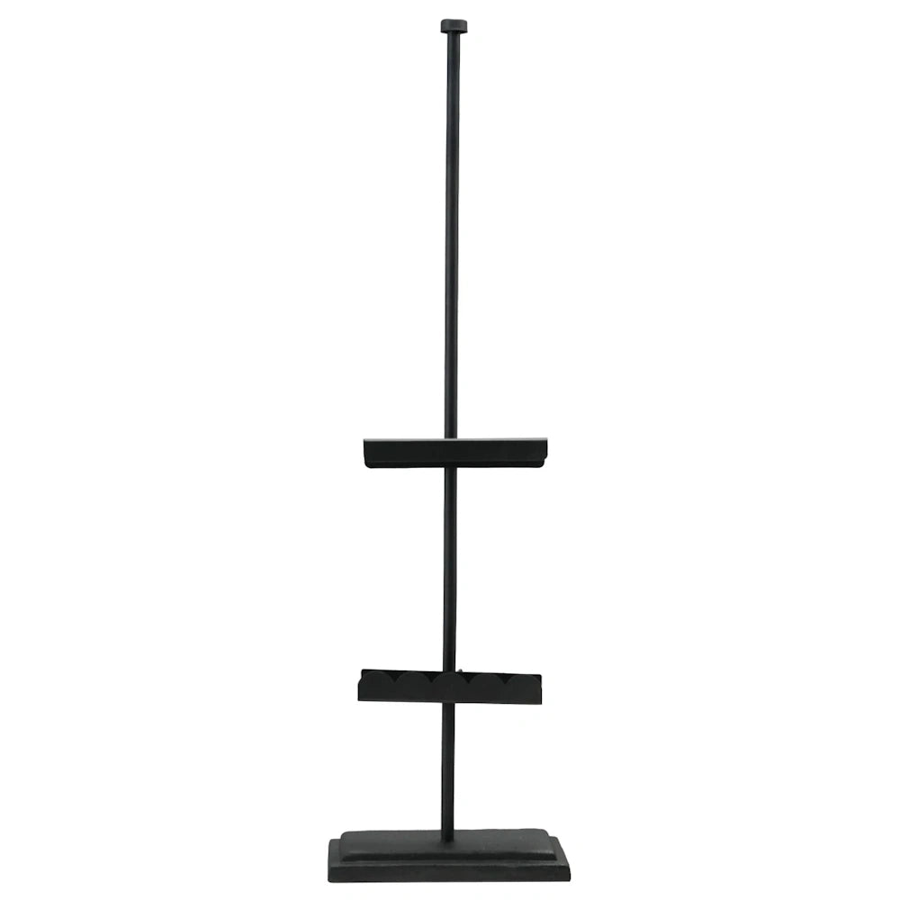 Black metal adjustable scalloped easel stand for displaying signs or photos on a white background.