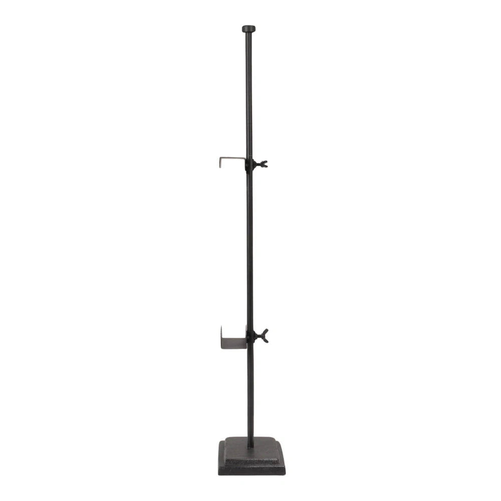 Black metal adjustable scalloped easel with a square base and sliding support brackets for displaying signs or art.