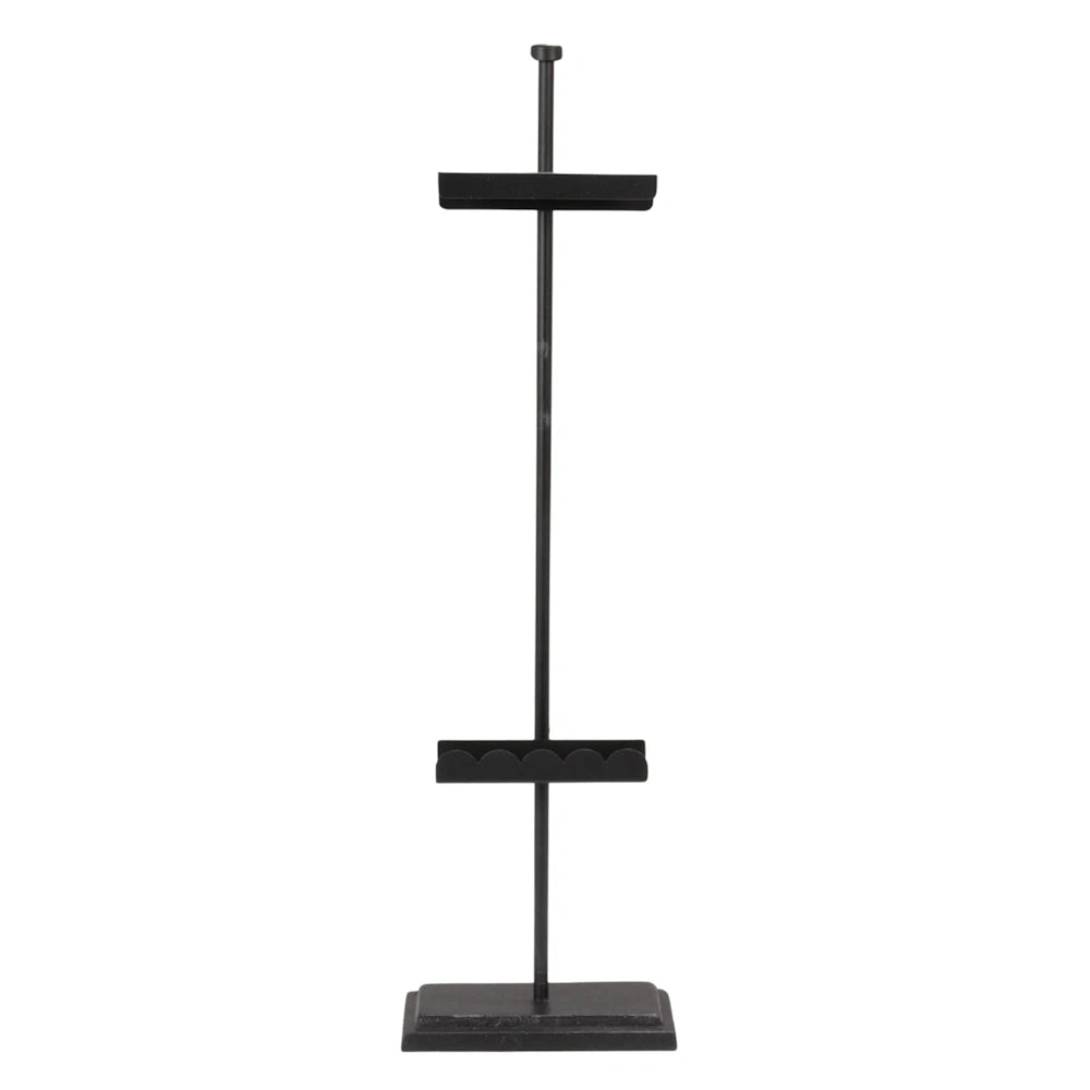 Black metal adjustable tabletop easel with a scalloped ledge and rectangular base for displaying signs or art.