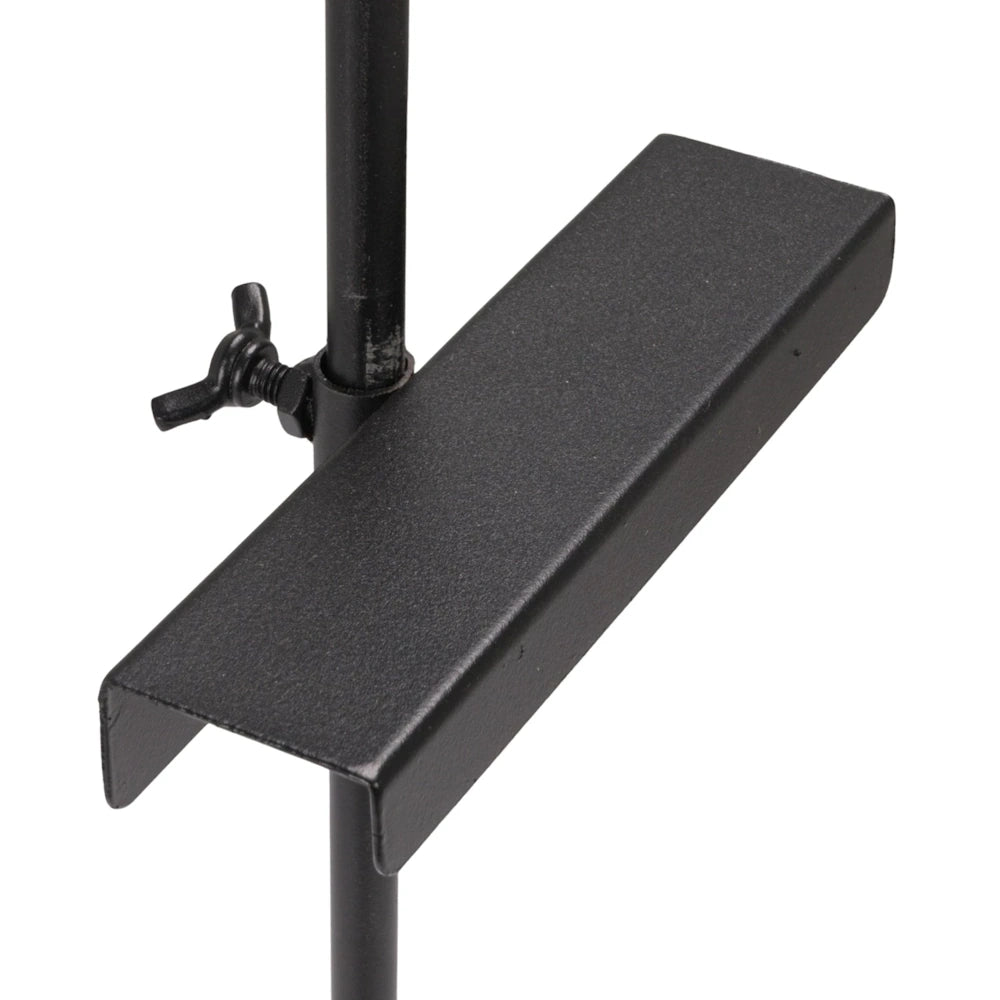 Adjustable black metal easel shelf detail with a secure wing nut screw for height customization on a floor stand.