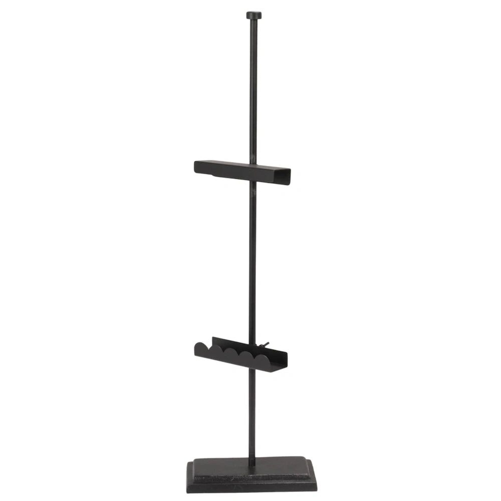 Black metal adjustable tabletop easel with a scalloped ledge and rectangular base for displaying art or photos.