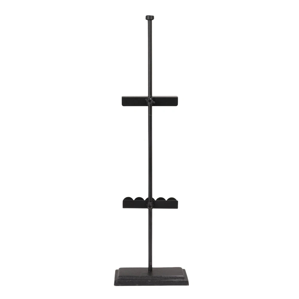 Adjustable black metal easel with scalloped edge and rectangular base, perfect for tabletop signage and photo displays.