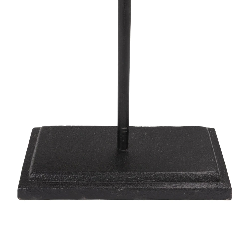 Close-up of a sturdy, square black metal base for an adjustable scalloped easel, highlighting the textured finish.