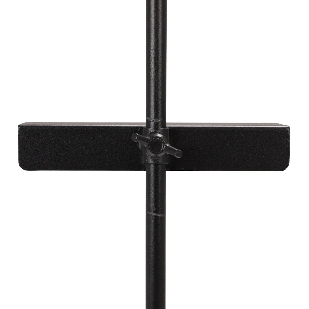 Close-up of a black metal adjustable easel featuring a wing nut screw for height customization and sign placement.