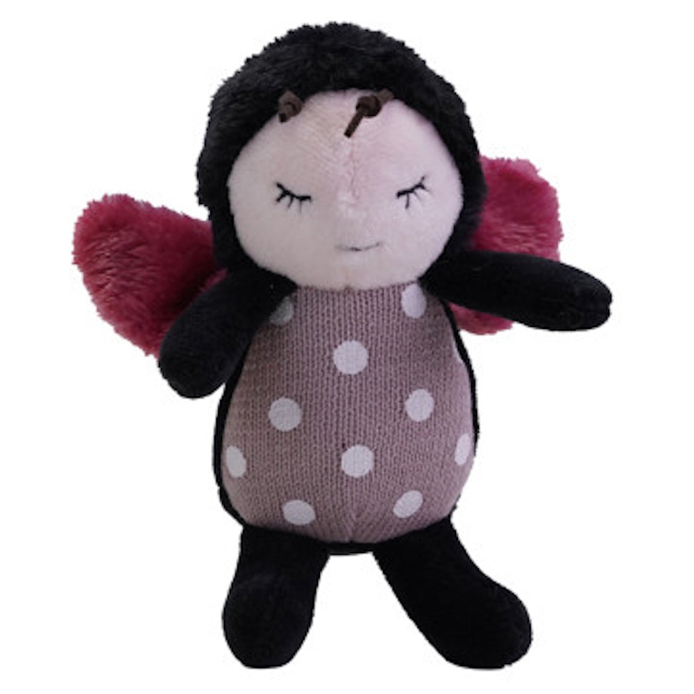 Plush ladybug toy with pink wings, a polka dot body, and sleeping eyes.