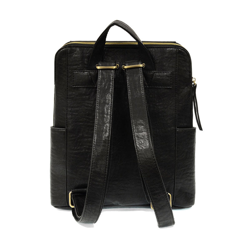 Black textured vegan leather backpack with double gold zippers, top handle, and adjustable shoulder straps.