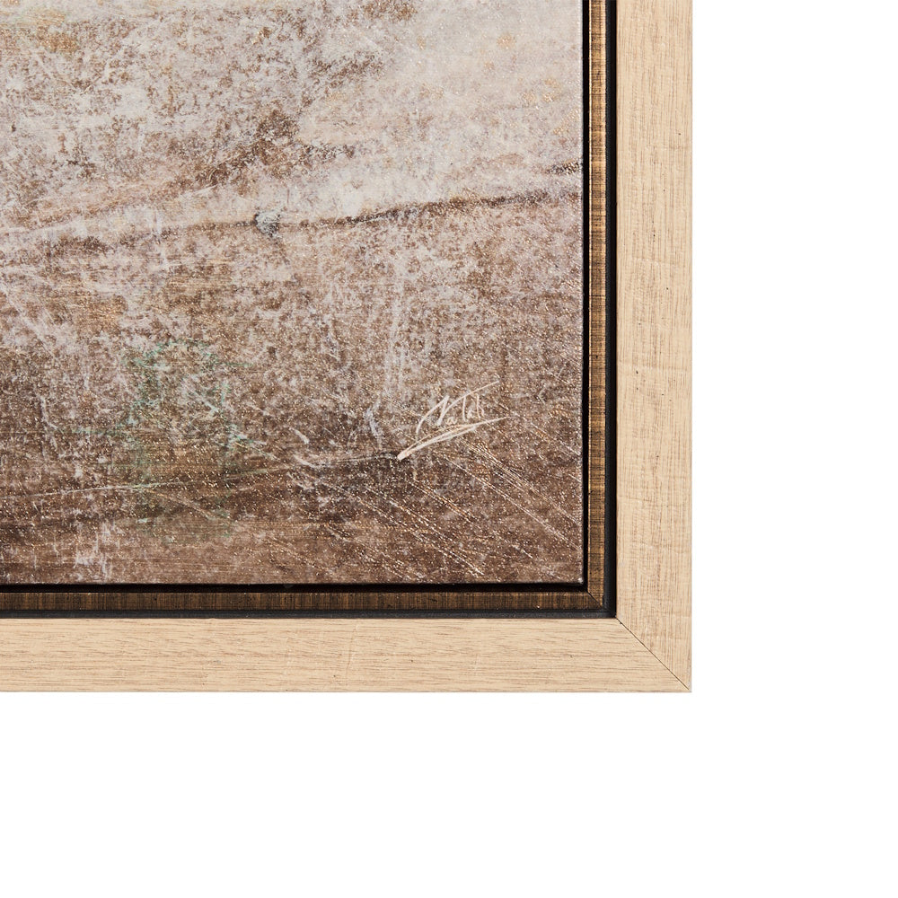 Close-up of the artist's signature in the bottom right corner of the hand-embellished abstract canvas art.