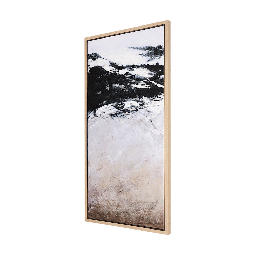 Angled profile view of the hand-embellished abstract canvas art showcasing its light wood floating frame depth.