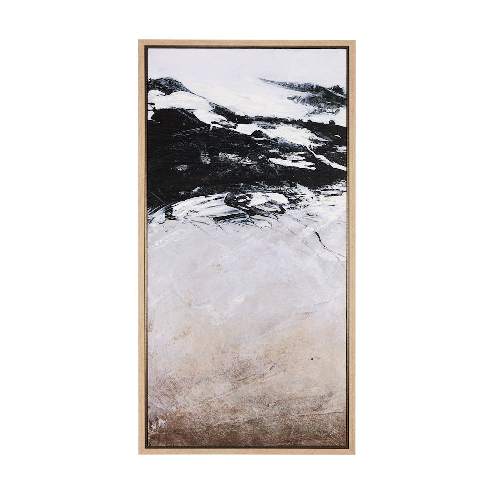 Hand-embellished and textured abstract canvas wall art featuring bold black brushstrokes and a light wood frame.