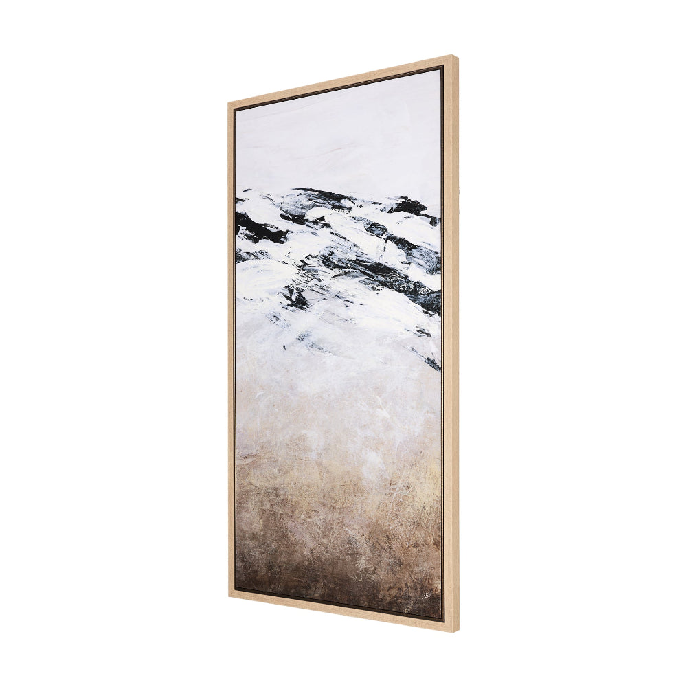 Side-angle view of the framed abstract canvas art piece.