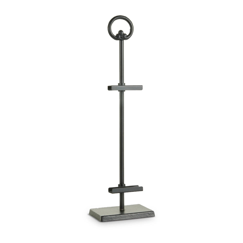 Black metal tabletop easel with a rectangular base and ring top.