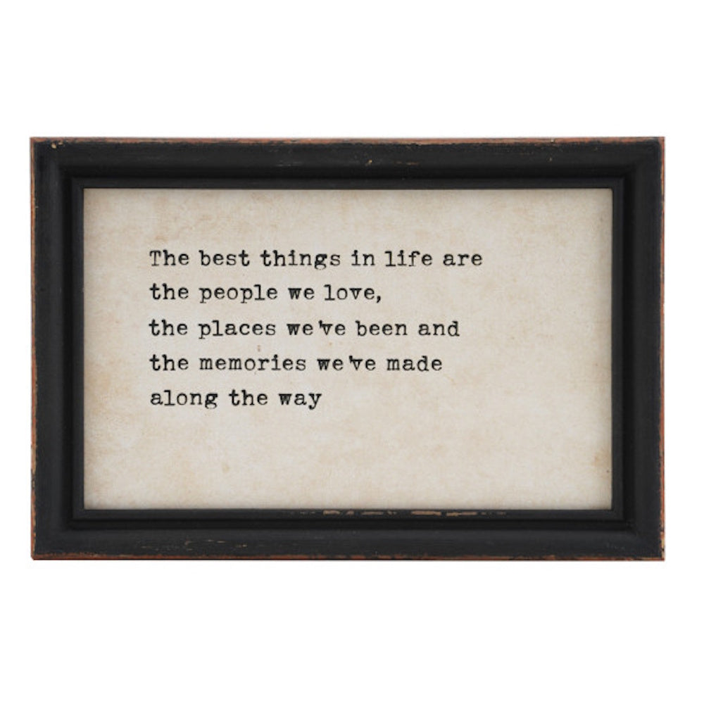 Framed wall decor with a typewriter-style quote about life, people, places, and memories.