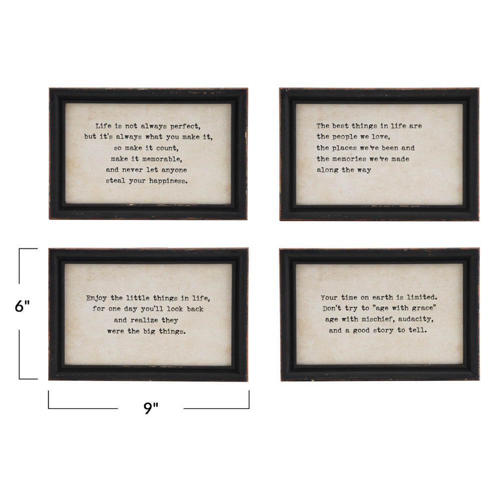 Four framed quote prints, with one frame diagrammed as 6 inches high by 9 inches wide.
