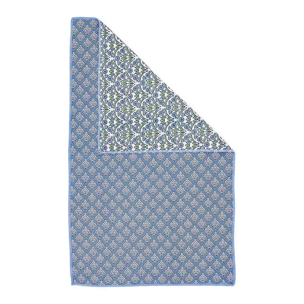 Blue and white floral patterned Blaire Blue Eco Kitchen tea towel with a reversible botanical print and blue trim.