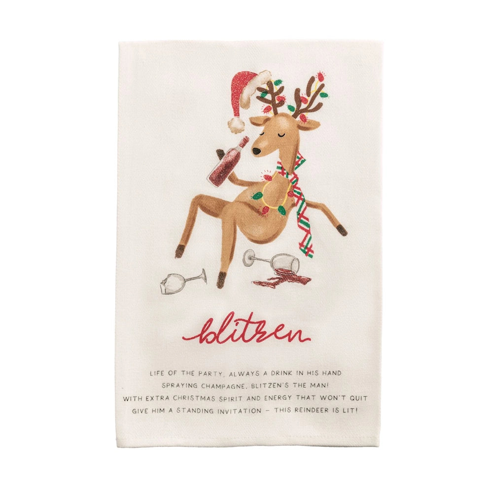 White hand towel featuring a festive reindeer holding wine next to the word "blitzen" and a humorous poem.