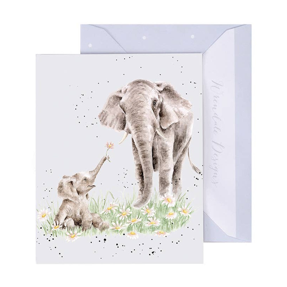Watercolor illustration of an elephant and calf in a daisy field on a gift enclosure card with a matching envelope.