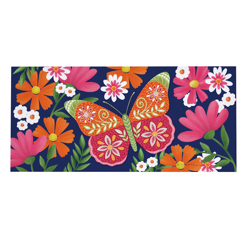 Colorful folk art floral illustration of a butterfly with orange, pink, and white flowers on a blue background.