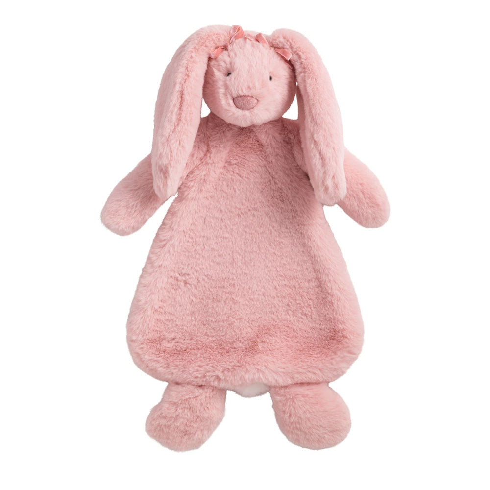 Pink plush bunny lovey security blanket with long floppy ears and a satin bow on white background.