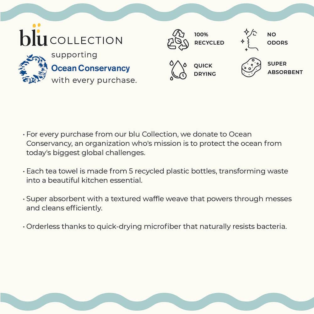 Infographic detailing the eco-friendly benefits and charitable support of the blu Collection tea towels.