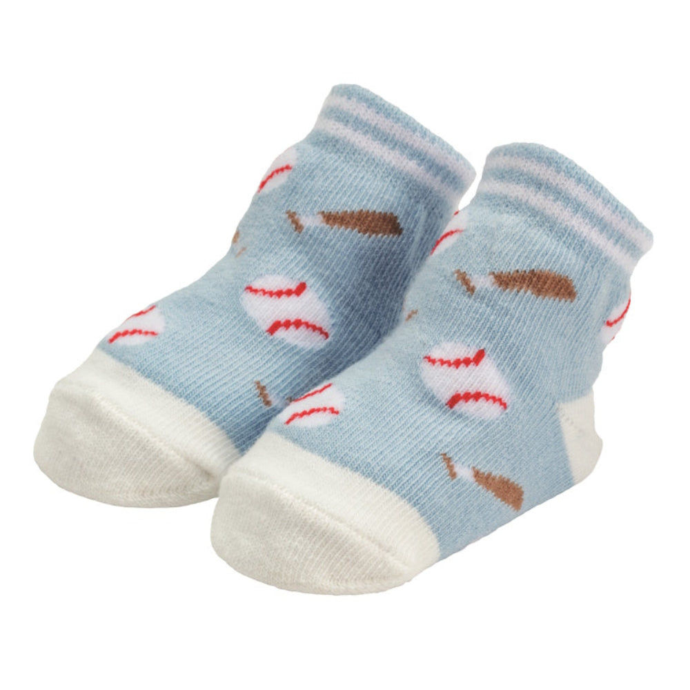 Light blue baby socks with a white baseball and brown bat print, featuring white toes and striped ribbed cuffs.