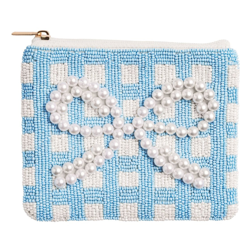 Blue and white beaded gingham pouch featuring a large white pearl bow accent and gold-tone zipper.