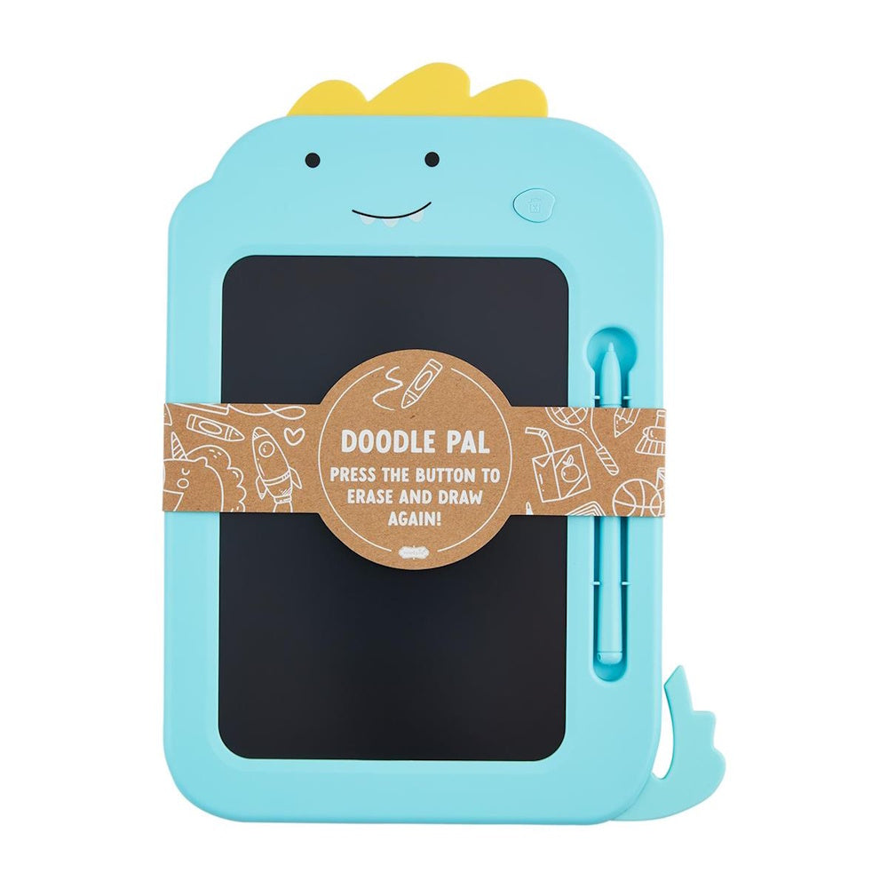 Light blue dinosaur-shaped LCD doodle drawing tablet with a stylus and product packaging band.