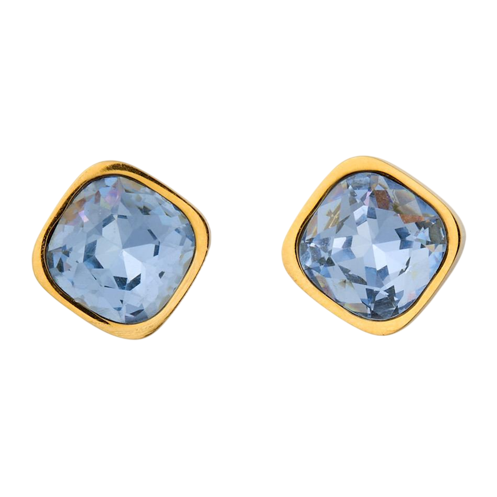 Pair of light blue square-cut crystal stud earrings with gold bezel settings on a white background.