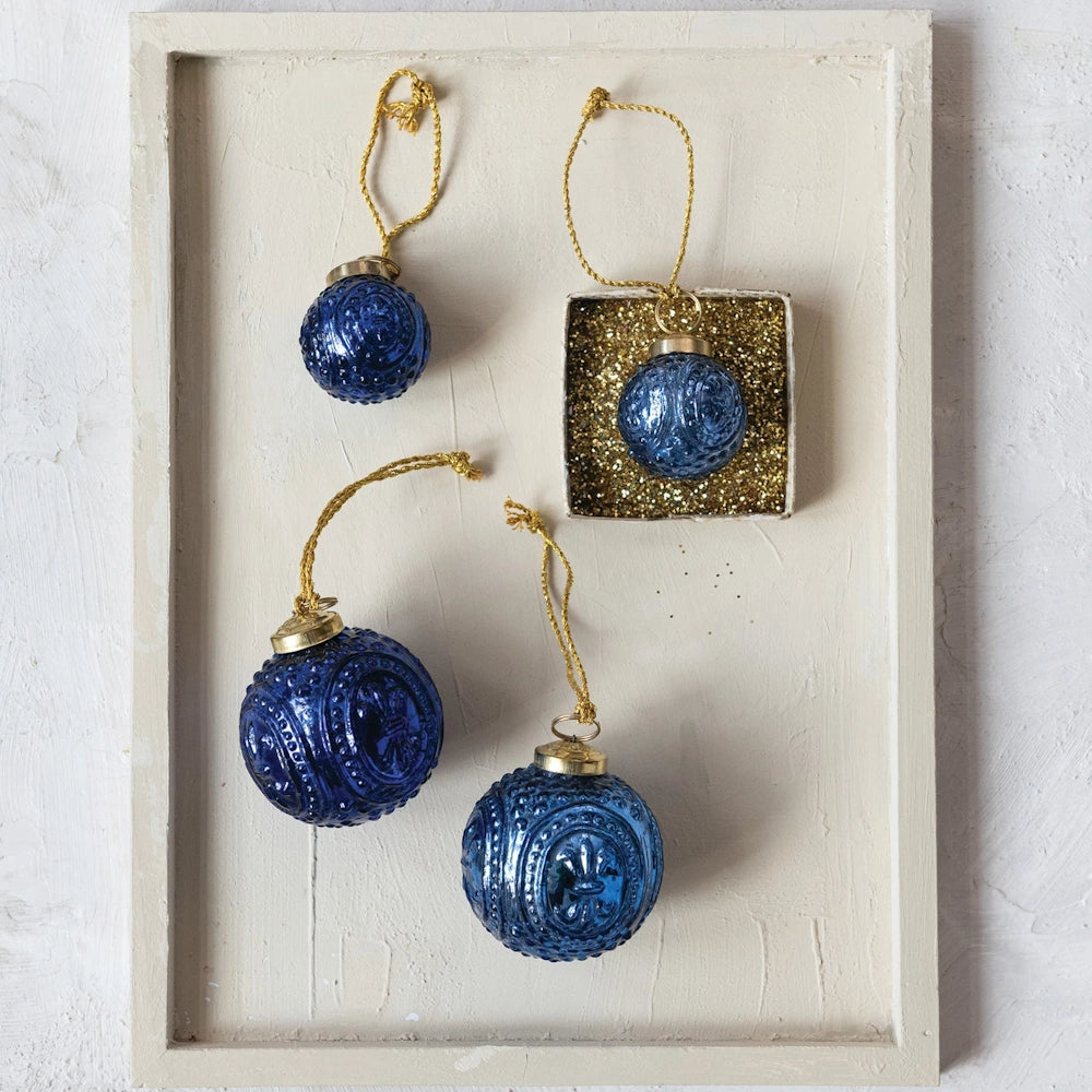 Blue Embossed Mercury Glass Ball Ornament