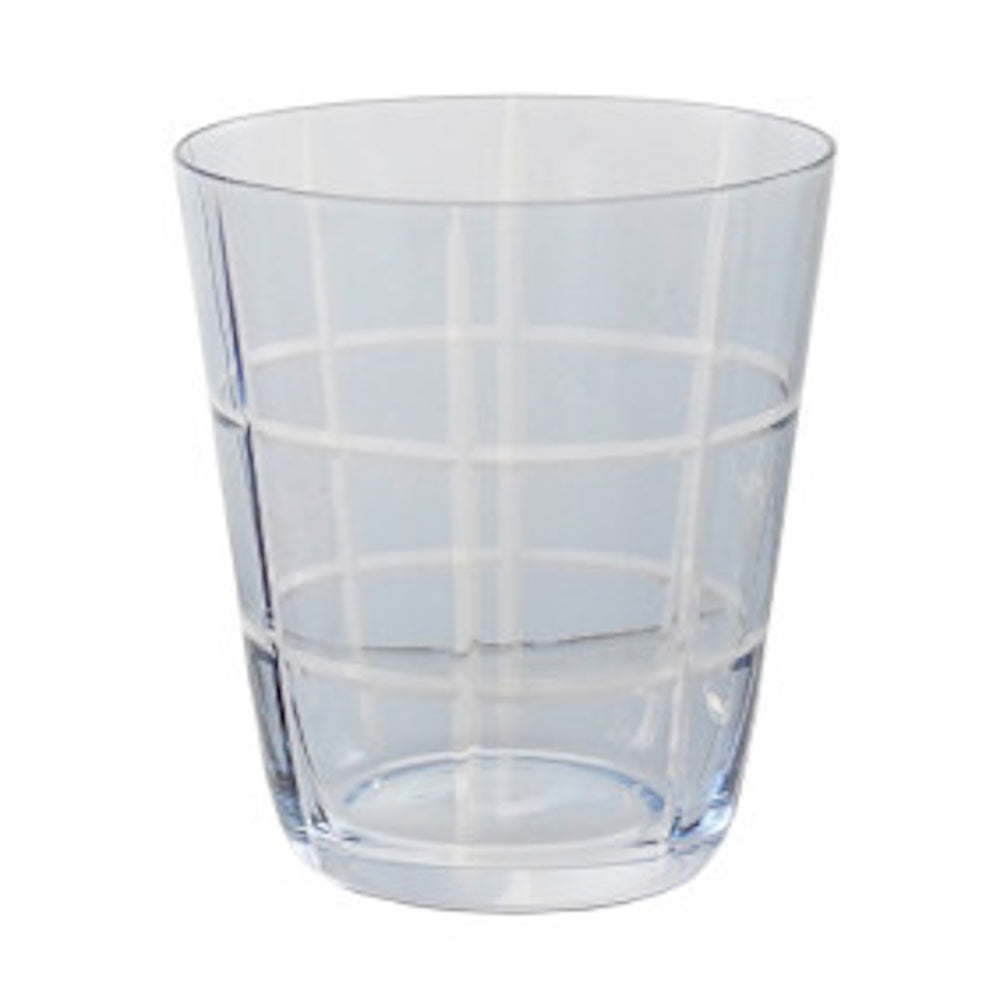 Light blue drinking glass featuring a white etched windowpane grid pattern.