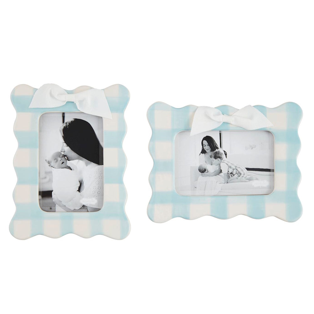 Two blue and white gingham scalloped picture frames with white bows, shown in vertical and horizontal orientations.