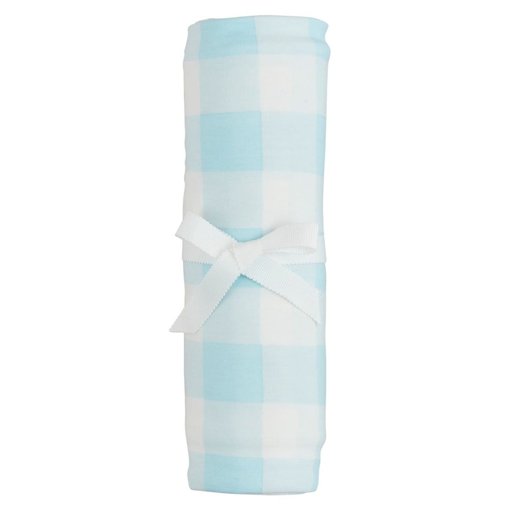Light blue and white gingham check soft knit baby swaddle blanket rolled with a white decorative ribbon bow.