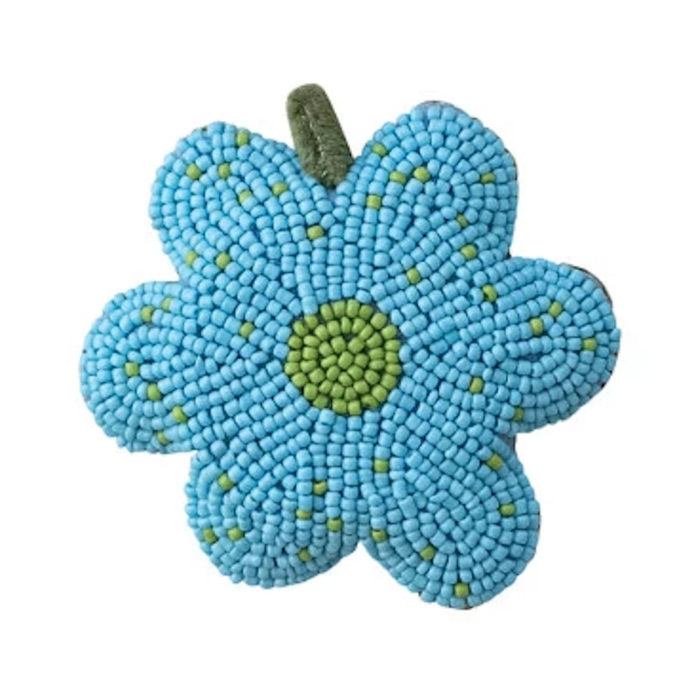 Handmade blue and green glass beaded flower-shaped retractable tape measure for sewing and crafts.