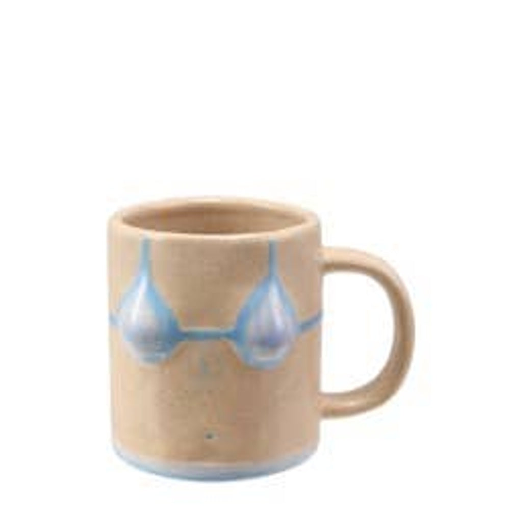 Beige stoneware mug featuring a hand-painted light blue bikini top in subtle relief.