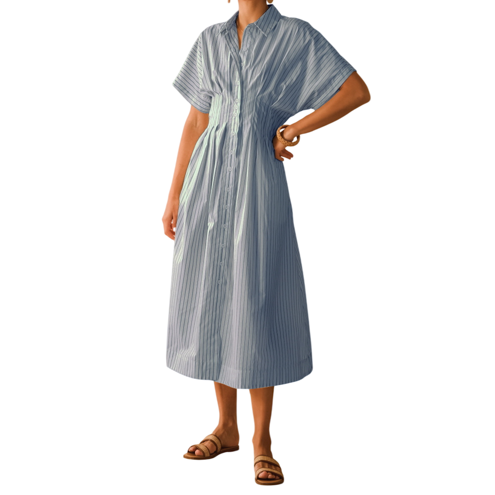 Blue-ivory striped midi shirt dress with short sleeves, a button-down front, cinched waist, and flat sandals.