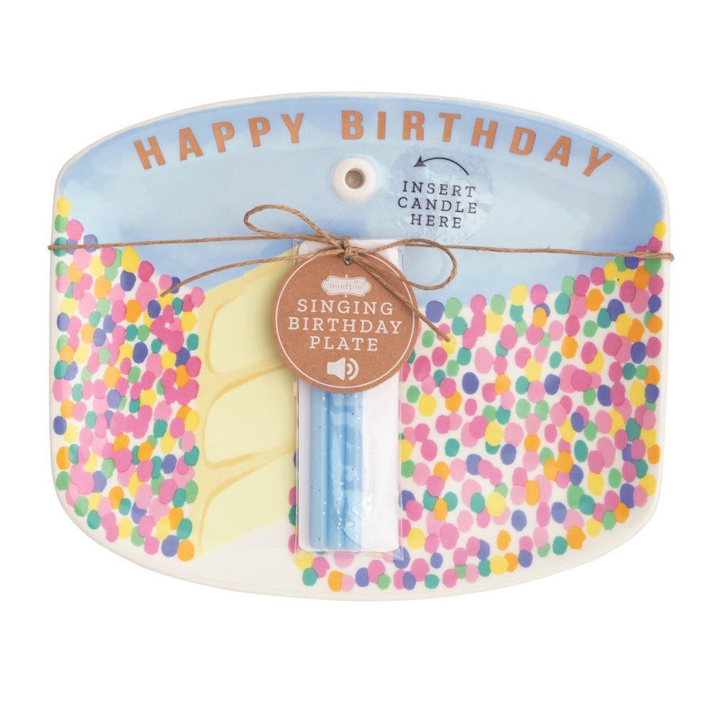 Mud Pie singing birthday plate set with blue candles and colorful confetti design.
