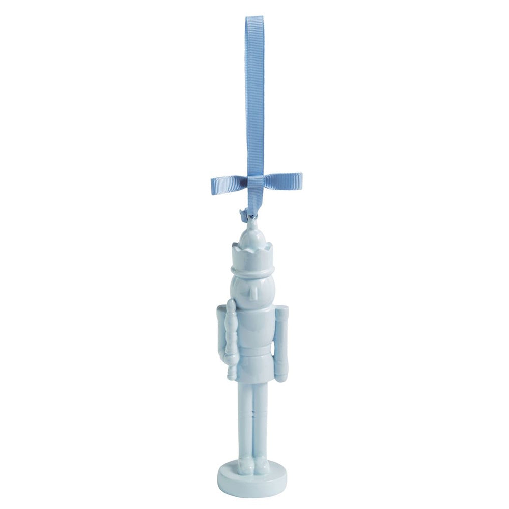 Glossy light blue nutcracker hanging ornament with a matching ribbon and bow.
