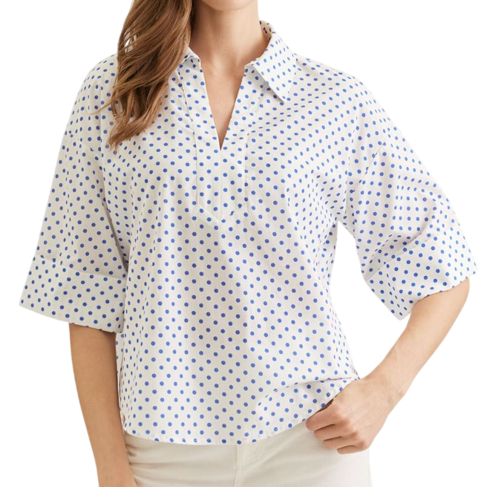 Blue polka dot short-sleeve top with a split v-neck and collar, paired with white pants.
