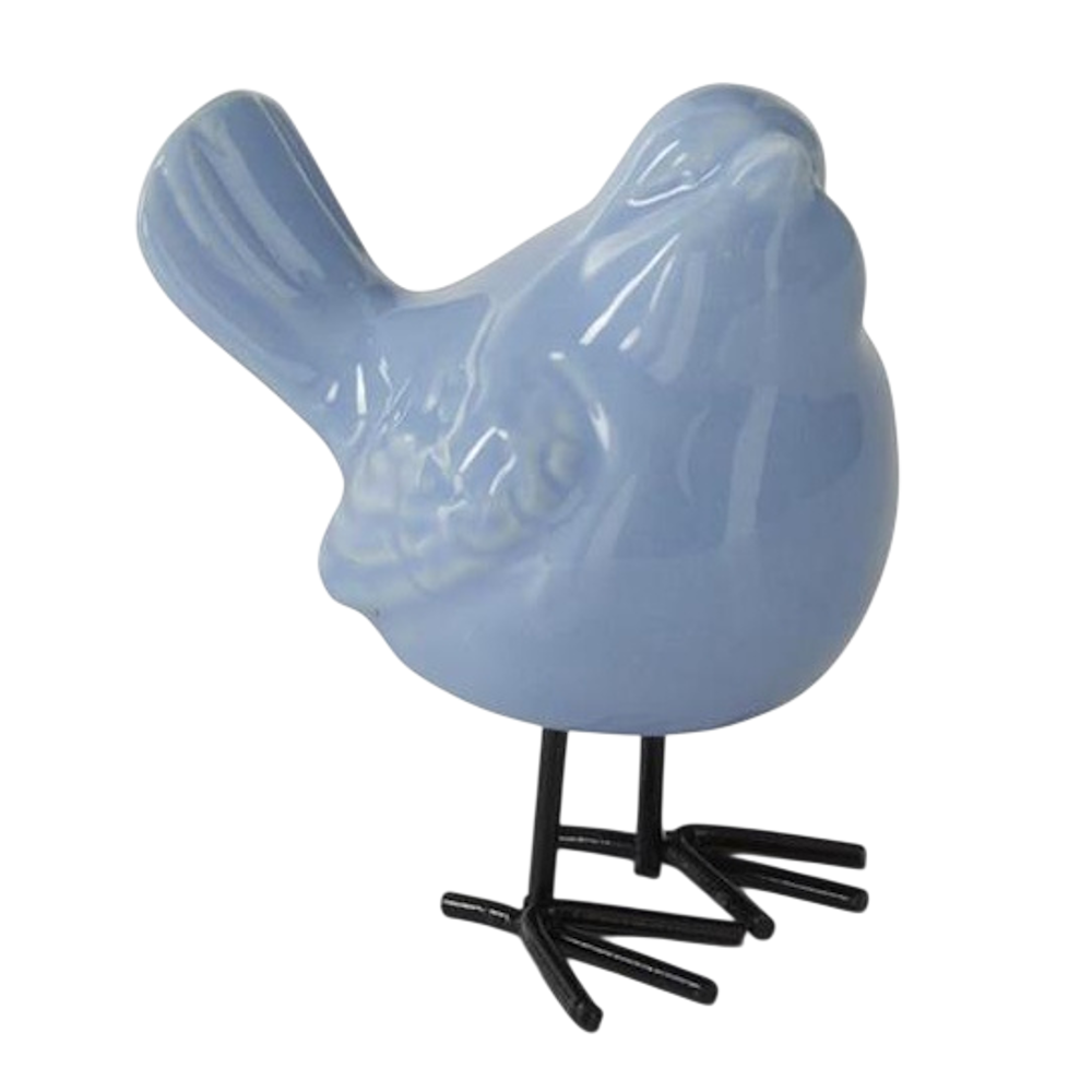 Light blue glazed porcelain bird figurine with upturned tail and black wire legs on a white background.