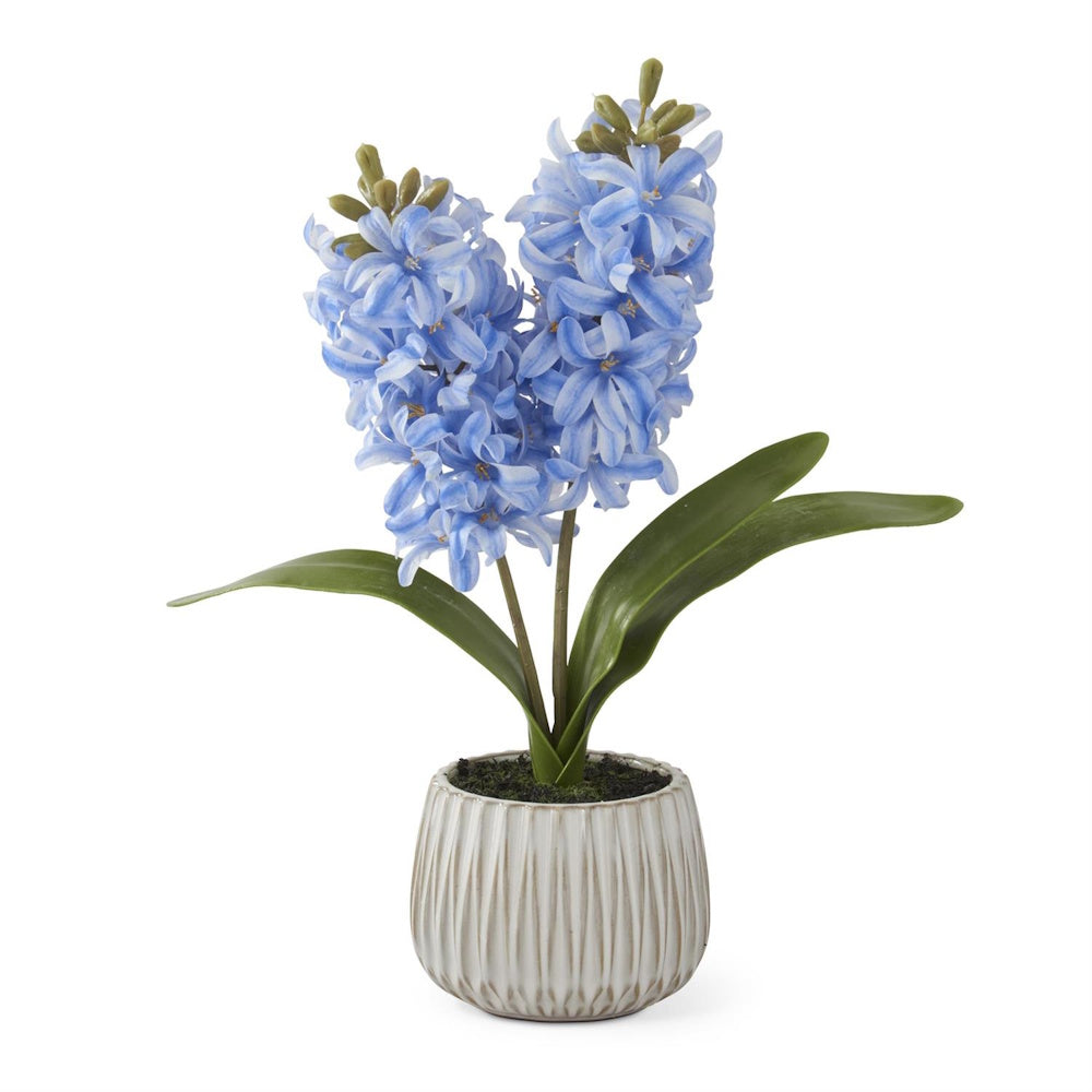 Blue hyacinth artificial plant in a ribbed white ceramic pot with faux dirt on a white background.