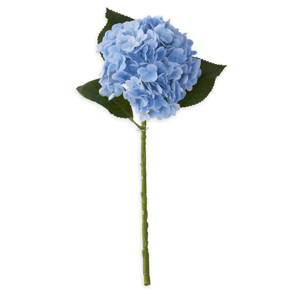 Blue real touch hydrangea spray with soft blue petals and green leaves on a long stem for home decor.